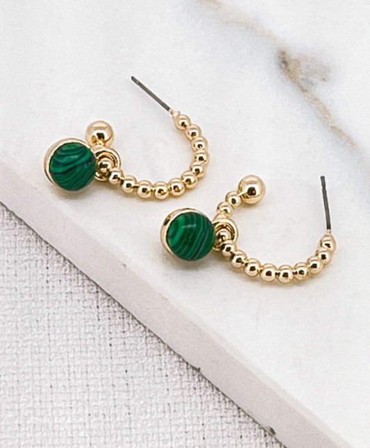 Envy gold hoop with green marble ball earings 3103