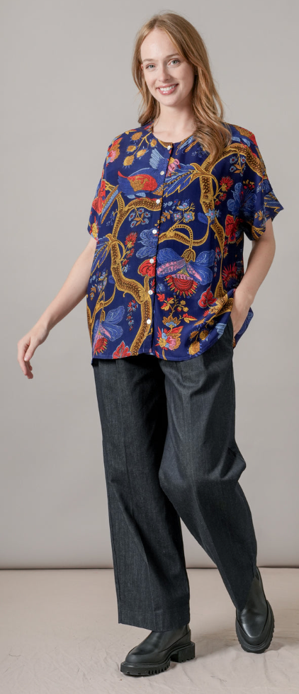 One Hundred Stars Climbing Peacock Royal Blue Tea Blouse Top