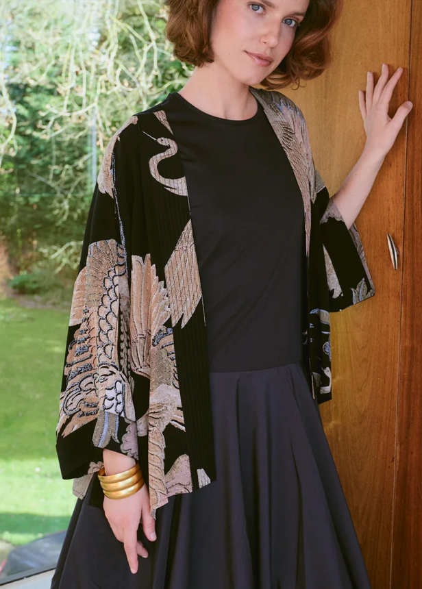 One Hundred Stars Crane Black Crepe Kimono