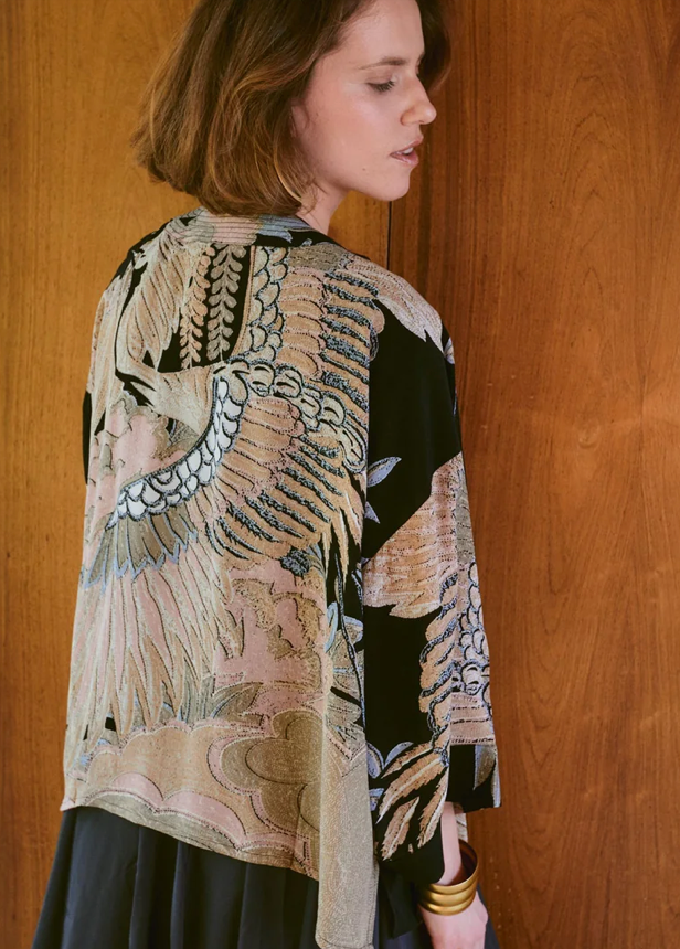 One Hundred Stars Crane Black Crepe Kimono