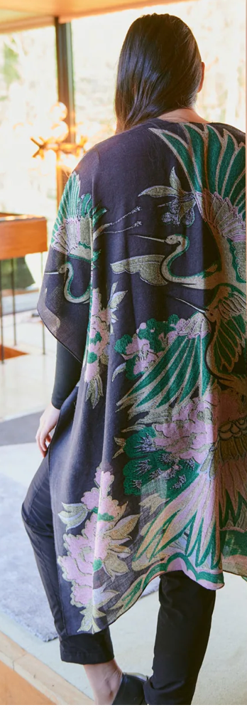 One Hundred Stars Crane Emerald Wool Throwover Kimono