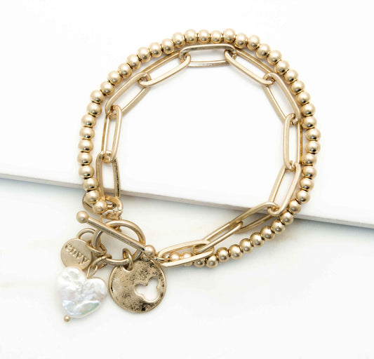 Envy double chain link pearl heart charm bracelet 1741