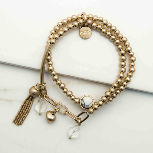 Envy stretch ball link double bracelet with charms and tassel 1742
