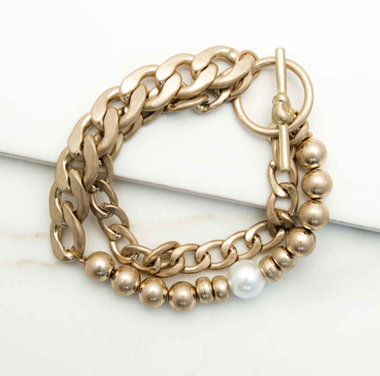 Envy double chunky chain link bracelet with large pearl 1849