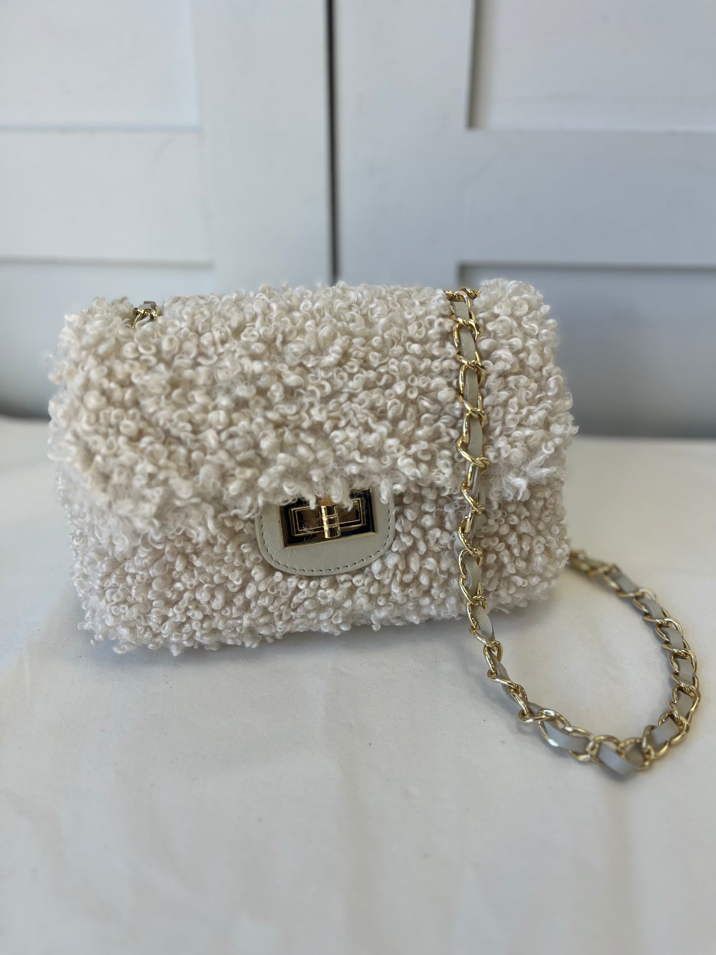 Faux Shearling Box Bag With Chain