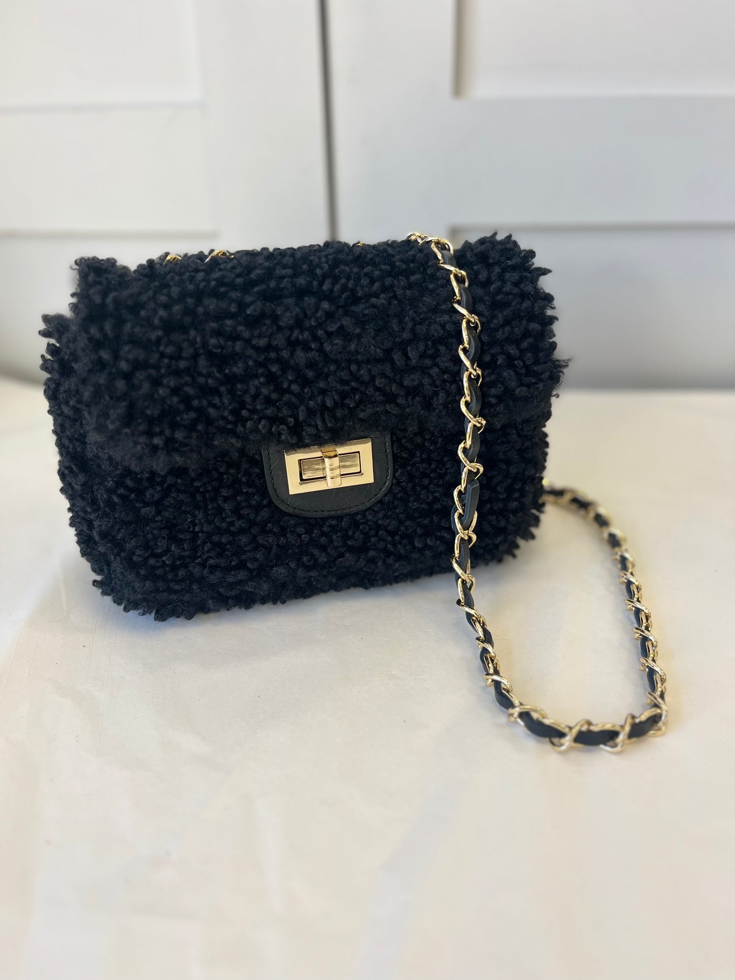 Faux Shearling Box Bag With Chain