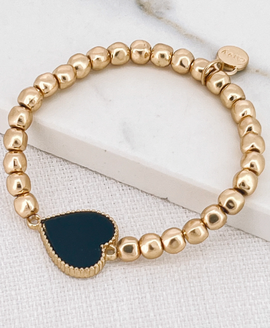 Envy stretch gold ball bracelet with black heart 3040