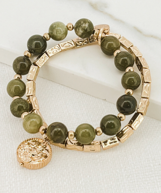 Envy stretch green and gold double bracelet 3048