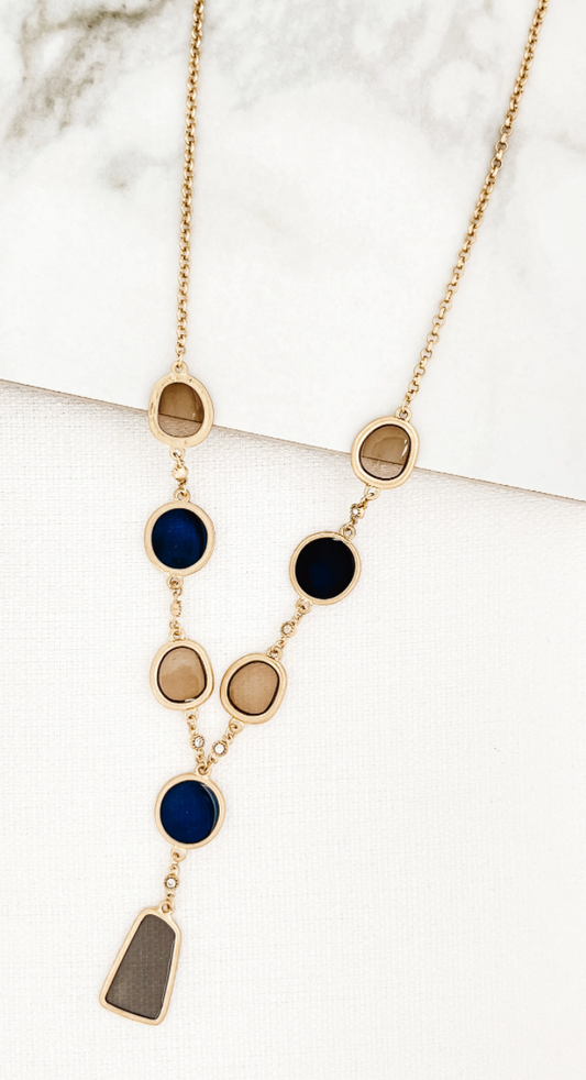 Envy long gold brown blue flat stone necklace 3115