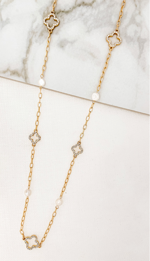 Envy long gold pearl and diamante clover chain necklace 3001