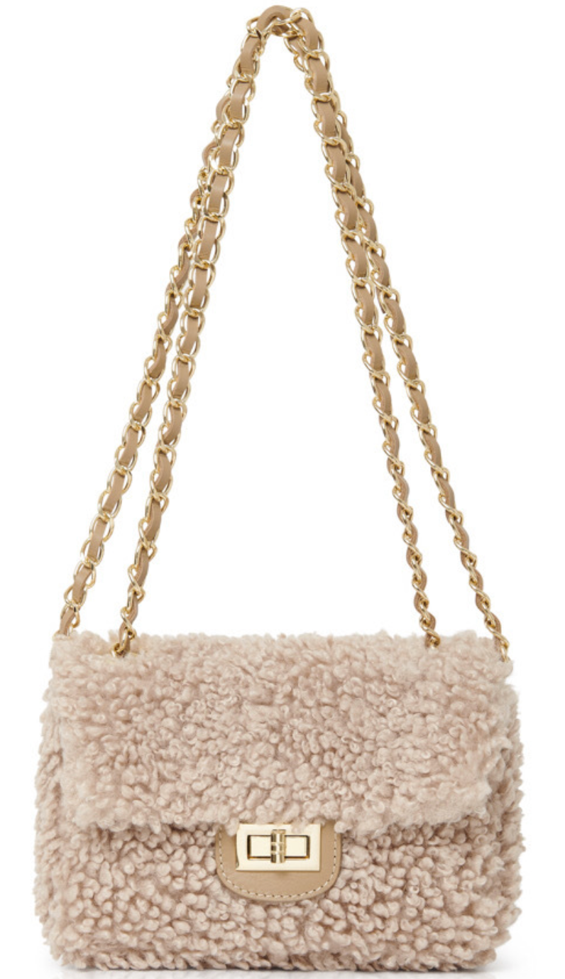 Faux Shearling Box Bag With Chain