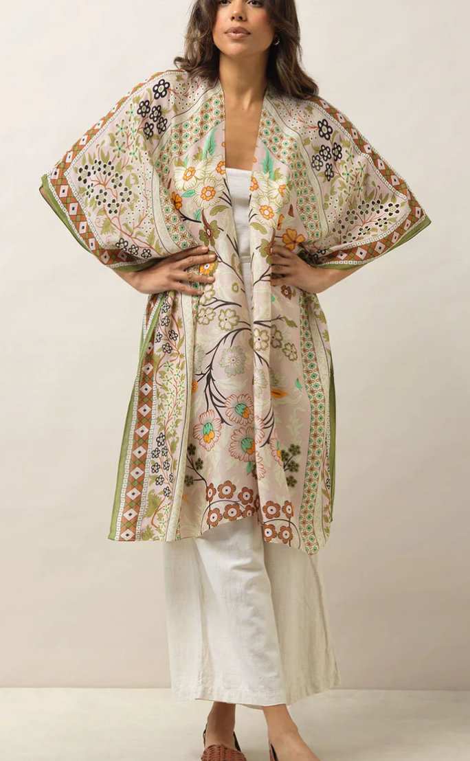 One Hundred Stars Flower Arch Sage Throwover Kimono