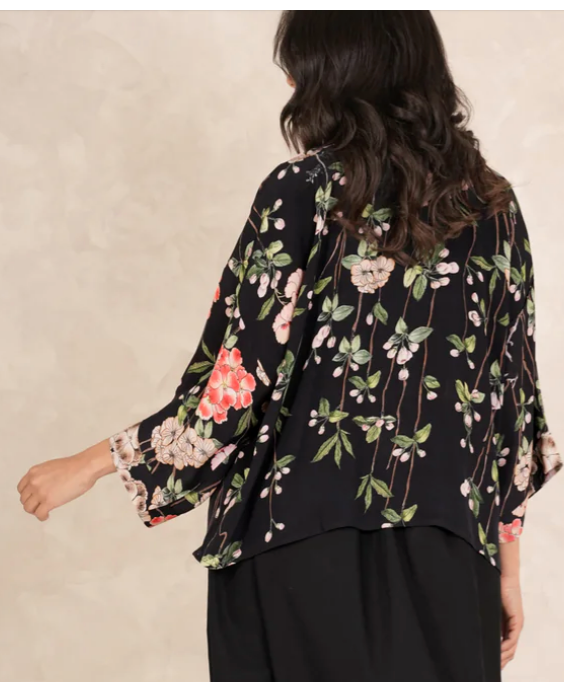 One Hundred Stars Trailing Blossom Black Crepe Kimono