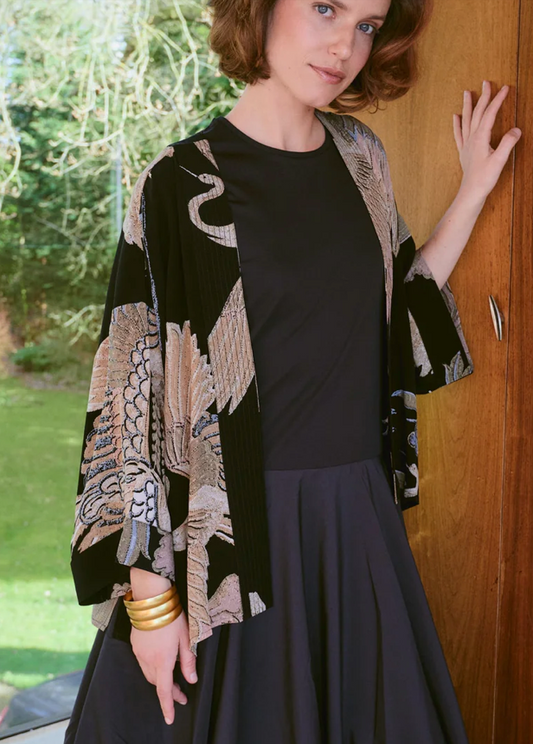 One Hundred Stars Crane Black Crepe Kimono