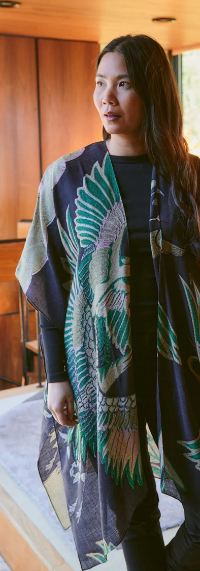 One Hundred Stars Crane Emerald Wool Throwover Kimono