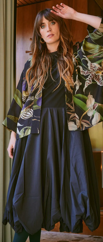 One Hundred Stars Orchid Black Crepe Kimono