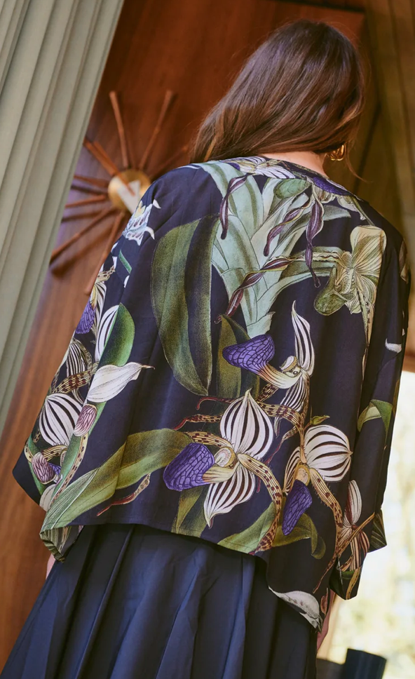 One Hundred Stars Orchid Black Crepe Kimono