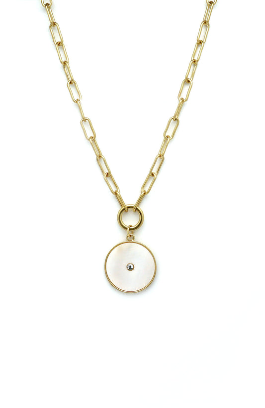Envy long link necklace mother of pearl disc and diamante 1722